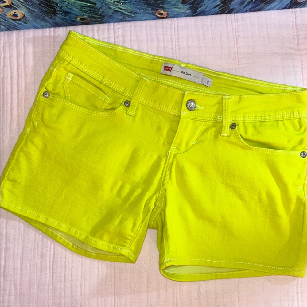 Levi's Neon Yellow Jean Shorts Mid-Rise Stretchy Denim Size 3